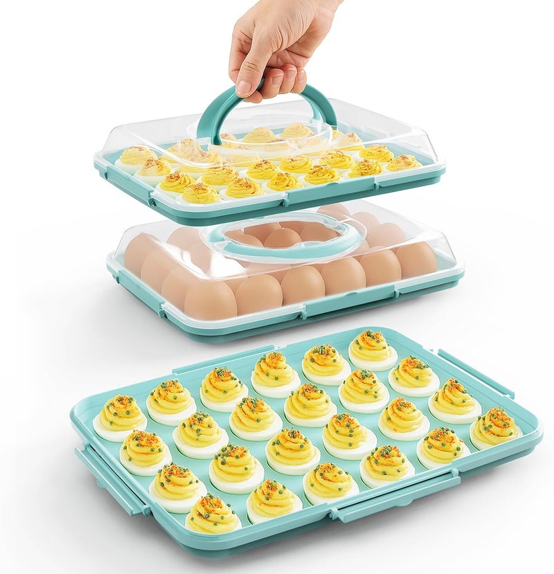 YETESON Deviled Egg Containers with Lid - Reusable Platter 2 Pack 48 Count Storage Tray with Handle for Potlucks, Tea Parties, Party, Thanksgiving, Picnics, Refrigerator, Christmas, Easter, Brunches (Blue) - Image 1